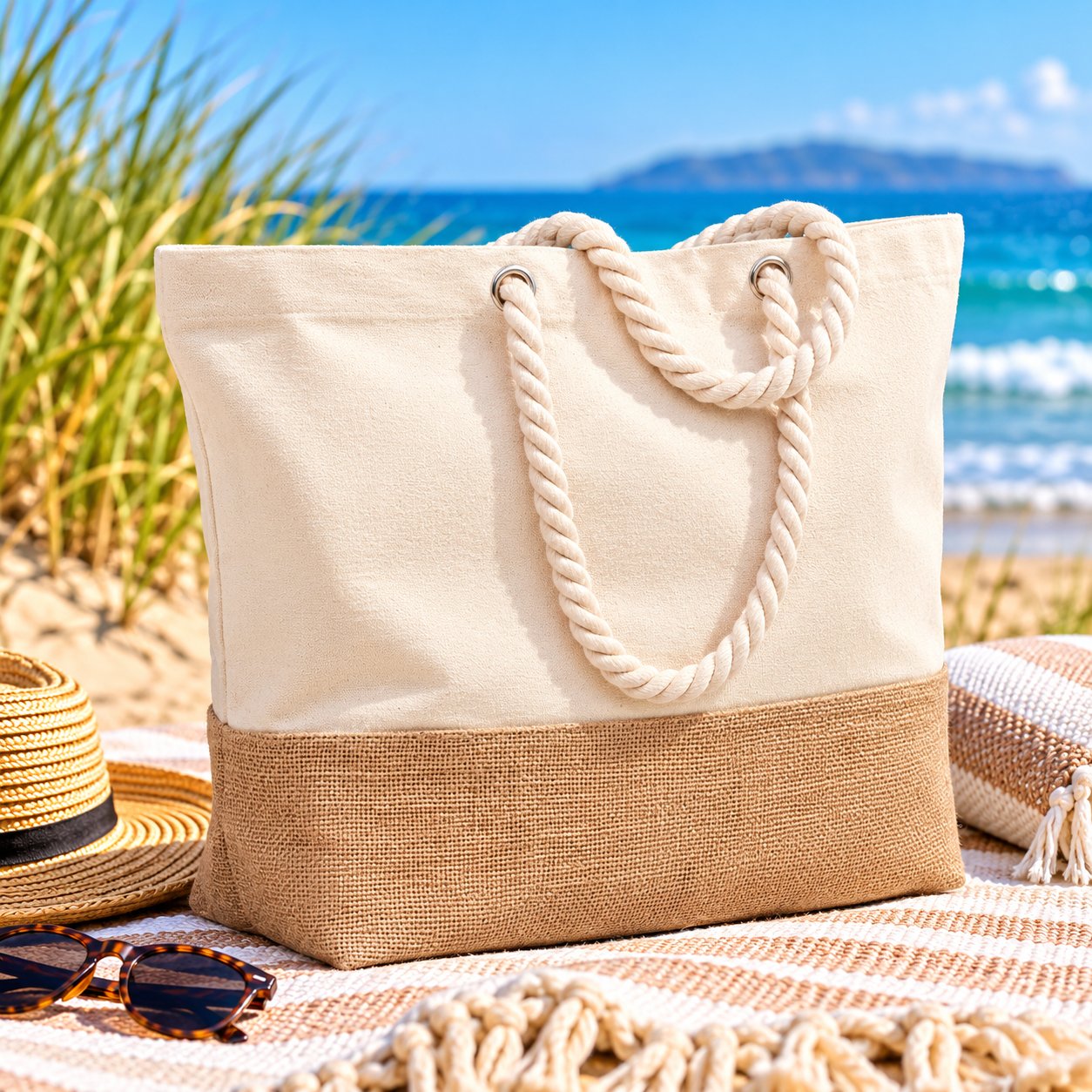 Sand Dune Tote in natural cotton canvas with jute base and rope handles on a sunny beach.