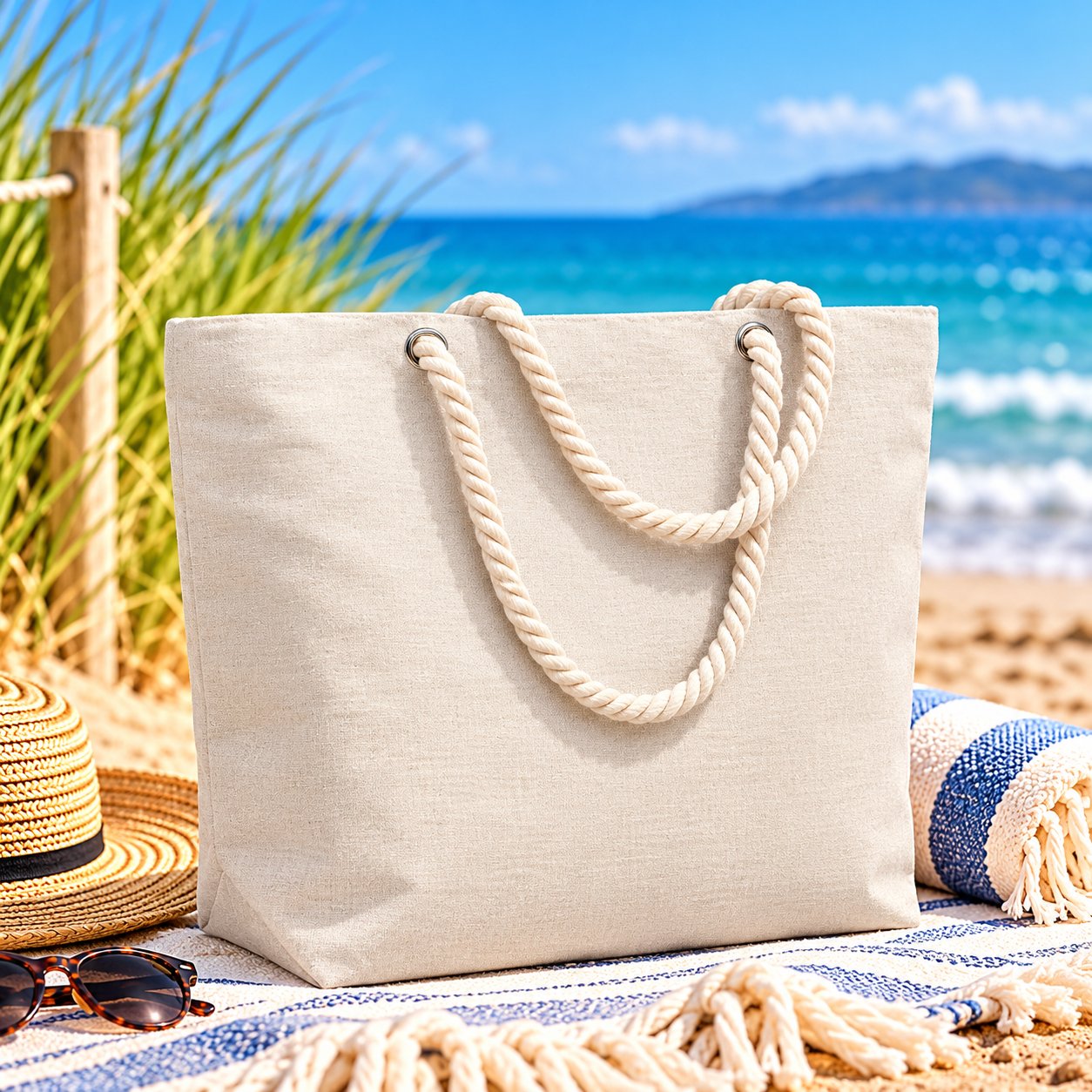 Everyday Coastal Tote in natural recycled cotton with rope handles on a sunny beach.