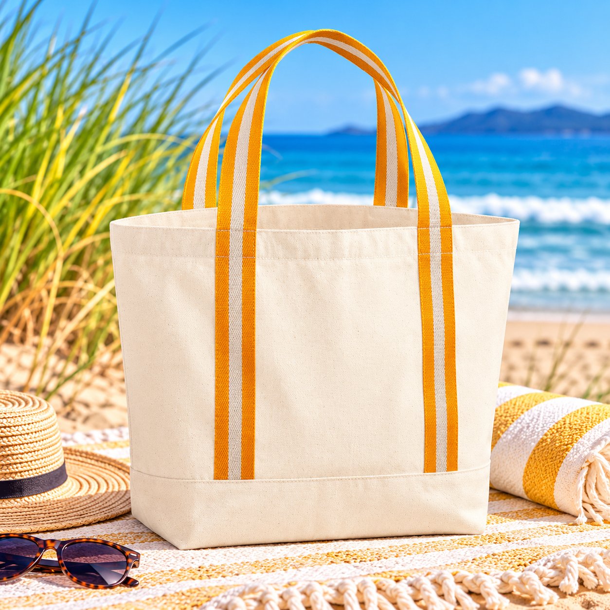 Harbour Organic Tote in natural organic cotton canvas with orange-and-cream striped handles on a sunny beach.