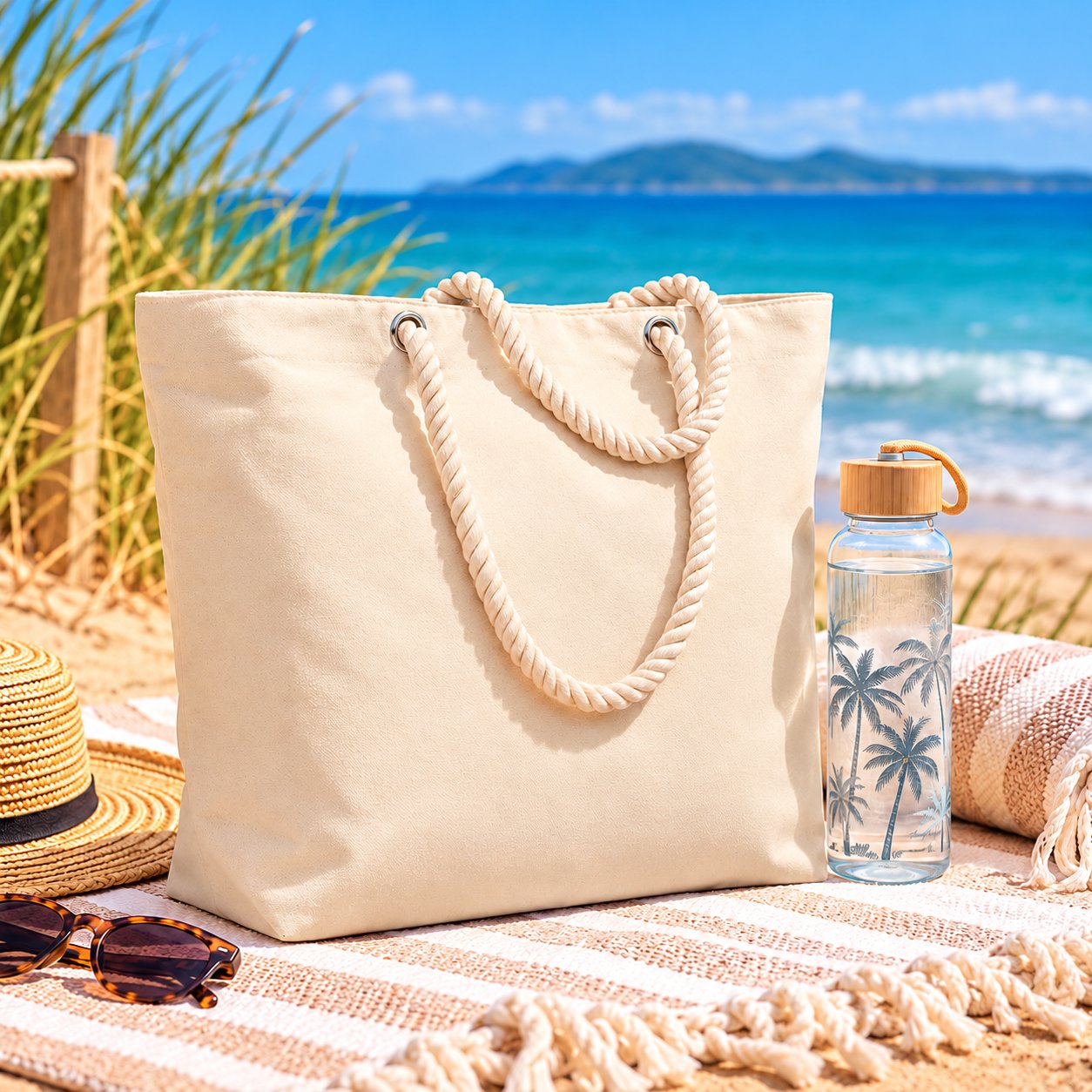 Coastal Chill insulated cooler tote in natural cotton with rope handles, shown on a striped beach blanket with a water bottle and rolled towel.