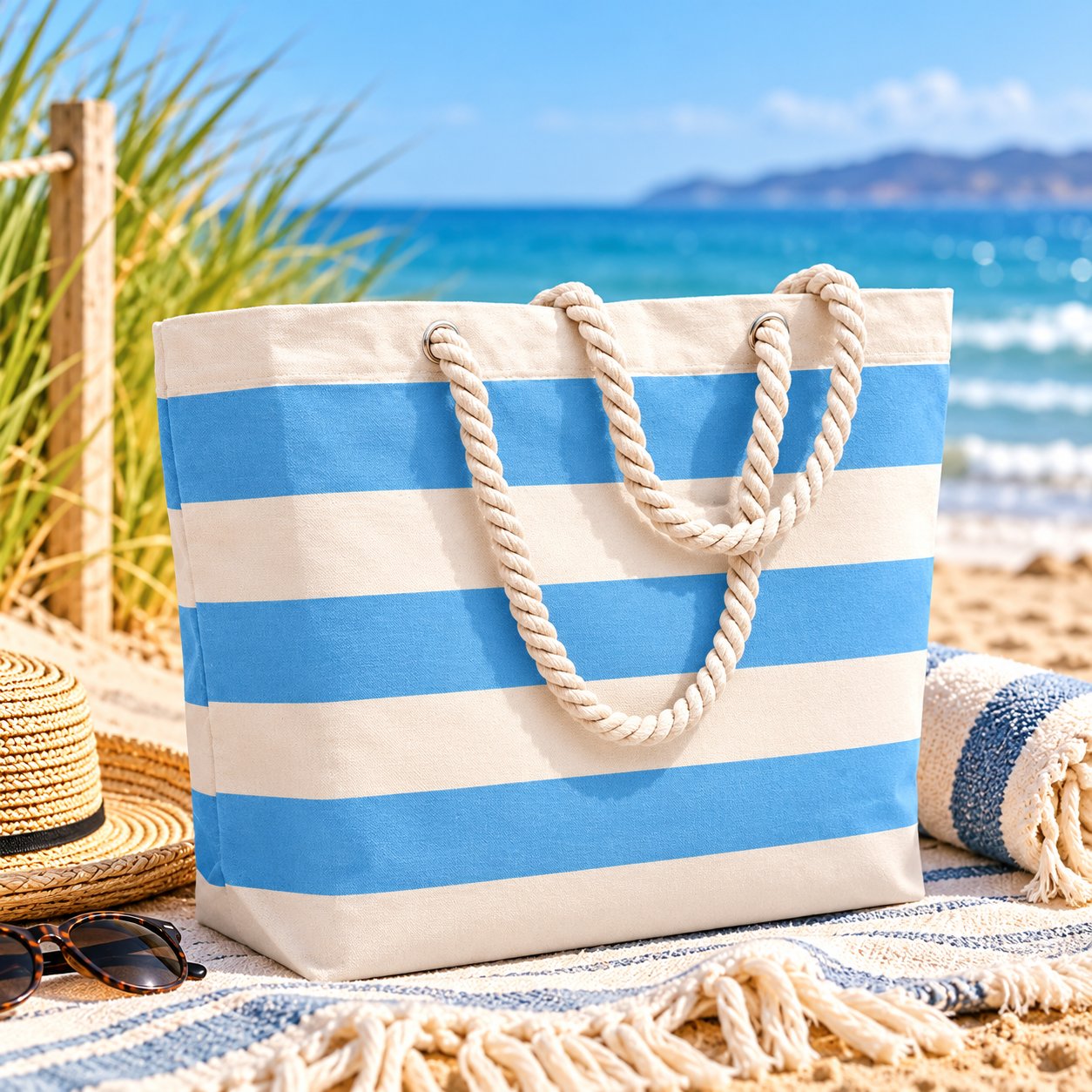 Seaside Stripe Tote in light blue and cream horizontal stripes with natural rope handles on a sunny beach.